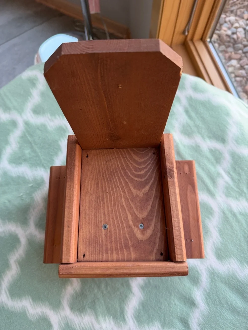 NEW bird feeder handmade wooden picnic bench style- Natural Brown & Orange Red